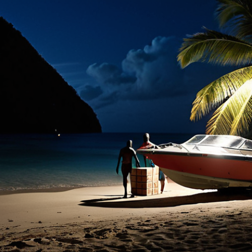 Home 23 **
A speed boat at night, landing on a secluded beach in St. Lucia. Silhouettes of figures are unloading packages. The scene is dimly lit, emphasizing the clandestine nature of the operation. Focus on conveying a sense of illegal activity and the island setting.
**