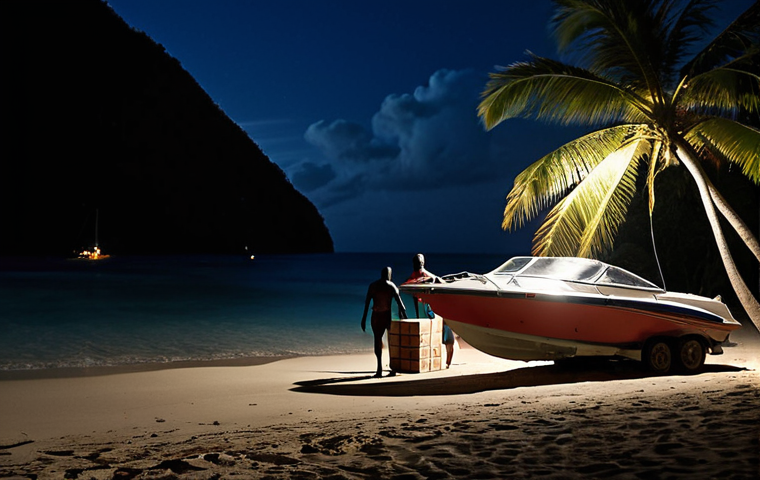**
A speed boat at night, landing on a secluded beach in St. Lucia. Silhouettes of figures are unloading packages. The scene is dimly lit, emphasizing the clandestine nature of the operation. Focus on conveying a sense of illegal activity and the island setting.
**