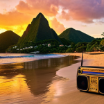 "Vibrant Saint Lucia beach scene at sunset, small radio playing reggae music, reflecting the cultural heart of the island, golden hour lighting."