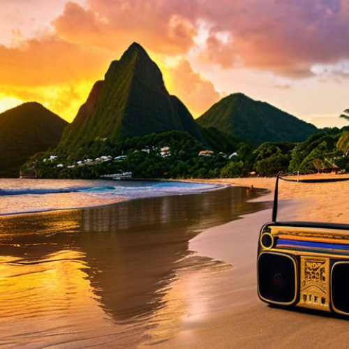 Home 22 "Vibrant Saint Lucia beach scene at sunset, small radio playing reggae music, reflecting the cultural heart of the island, golden hour lighting."