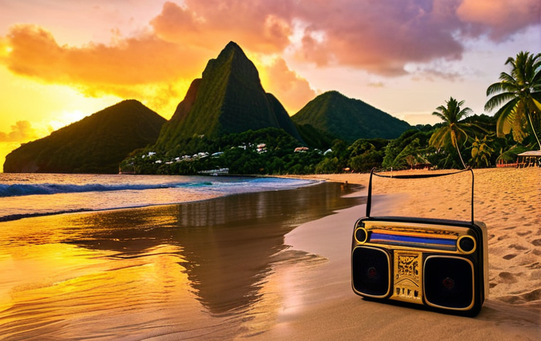 "Vibrant Saint Lucia beach scene at sunset, small radio playing reggae music, reflecting the cultural heart of the island, golden hour lighting."
