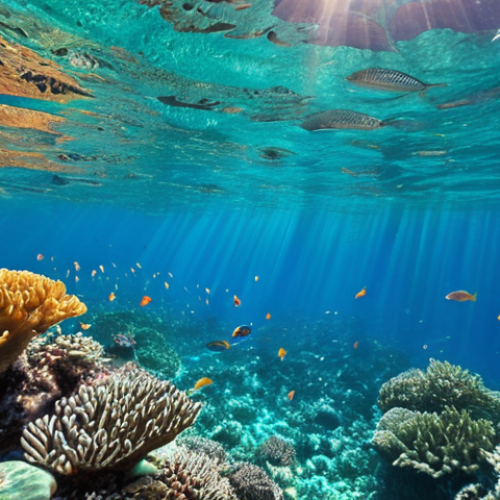 Home 21 **
A vibrant coral reef teeming with colorful fish in Anse Chastanet, St. Lucia. Clear, turquoise water. Sunlight filters through the surface. Focus on the diversity of marine life.
**