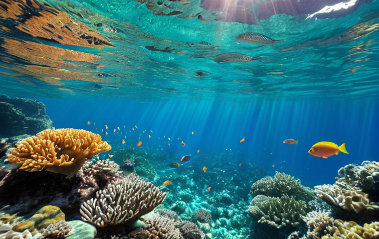 **
A vibrant coral reef teeming with colorful fish in Anse Chastanet, St. Lucia. Clear, turquoise water. Sunlight filters through the surface. Focus on the diversity of marine life.
**