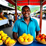 A male traveler in his 30s, wearing a modest short-sleeved collared shirt and comfortable trousers, exploring a vibrant outdoor local market in Saint Lucia. He is looking at a display of fresh, colorful tropical fruits like mangoes and pineapples. In the background, there are friendly local vendors and other market-goers, with small street food stalls visible. The scene captures the lively atmosphere and authentic local life. The image is a professional photograph, high-quality, with natural lighting. Subject is fully clothed, appropriate attire, safe for work, correct proportions, natural pose, perfect anatomy, well-formed hands, proper finger count, natural body proportions, appropriate content, family-friendly.