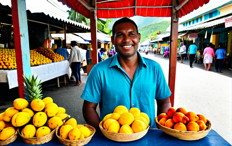 A male traveler in his 30s, wearing a modest short-sleeved collared shirt and comfortable trousers, exploring a vibrant outdoor local market in Saint Lucia. He is looking at a display of fresh, colorful tropical fruits like mangoes and pineapples. In the background, there are friendly local vendors and other market-goers, with small street food stalls visible. The scene captures the lively atmosphere and authentic local life. The image is a professional photograph, high-quality, with natural lighting. Subject is fully clothed, appropriate attire, safe for work, correct proportions, natural pose, perfect anatomy, well-formed hands, proper finger count, natural body proportions, appropriate content, family-friendly.